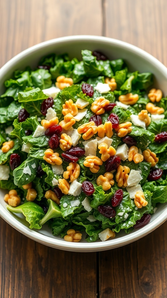 A colorful kale salad with Parmesan, walnuts, and cranberries in a bowl on a wooden table.